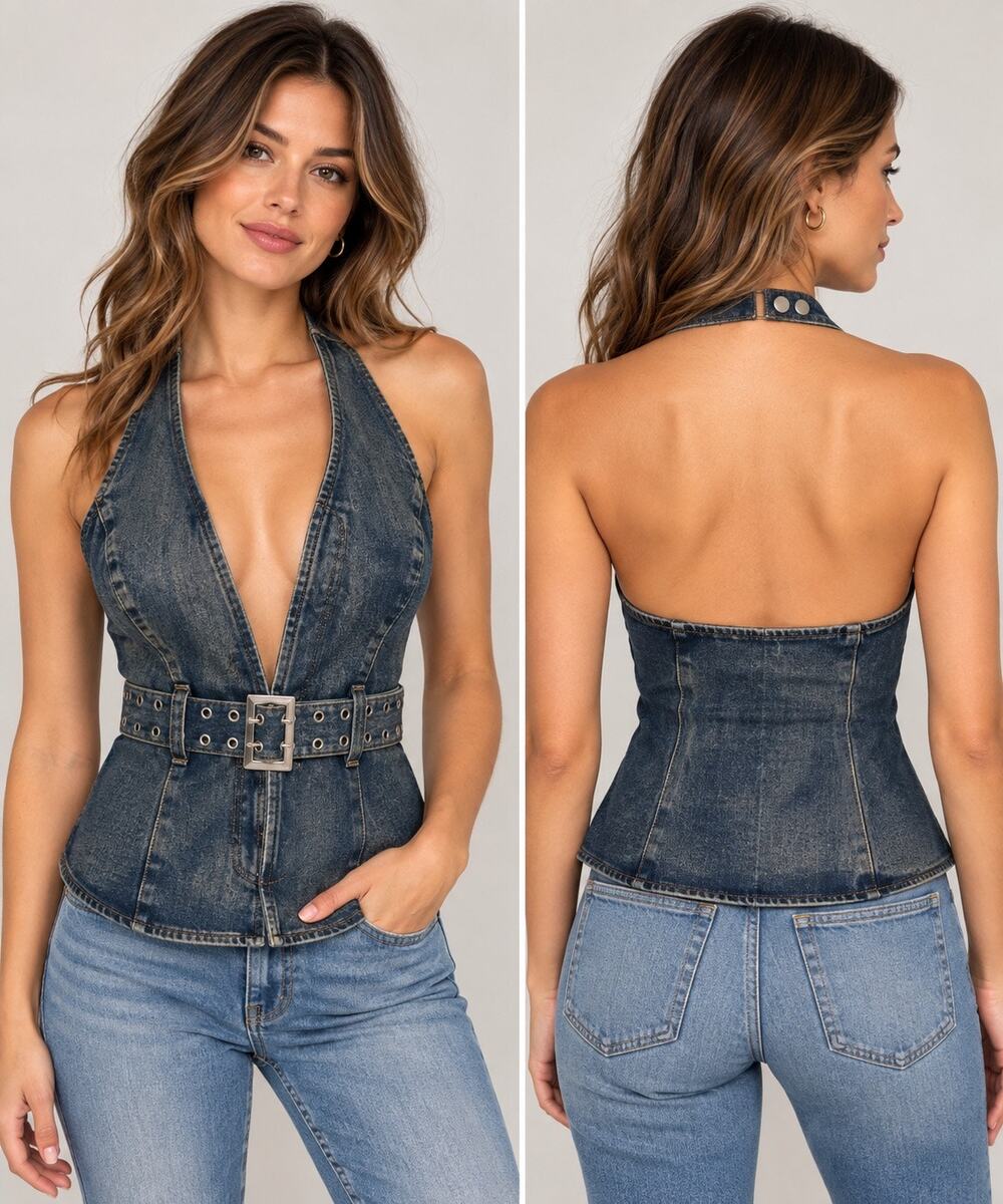 Amber Sky Y2K Denim Halter Vest Top Belt Grommet Buckle Dark Wash Size M